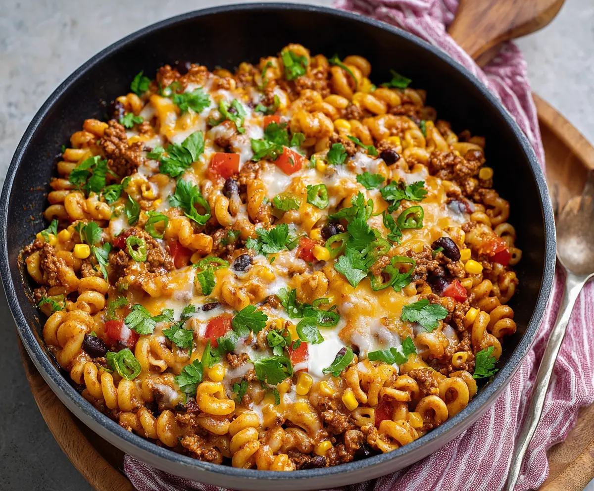 Delicious One Pot Taco Pasta served in a bowl with toppings and fresh herbs.