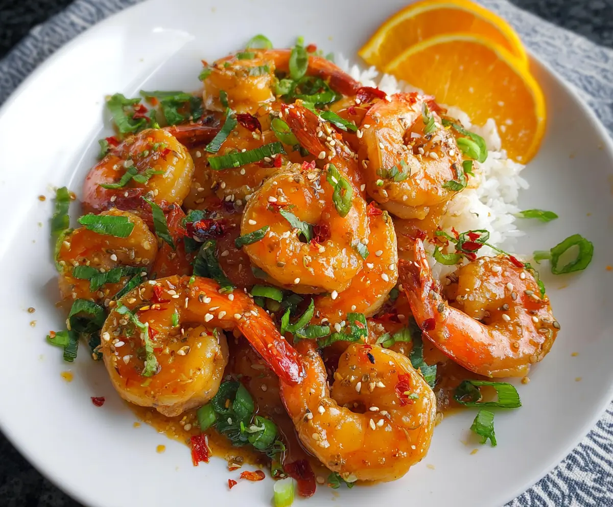 Delicious orange chili garlic shrimp served on a plate, highlighting a spicy and tangy seafood dish.