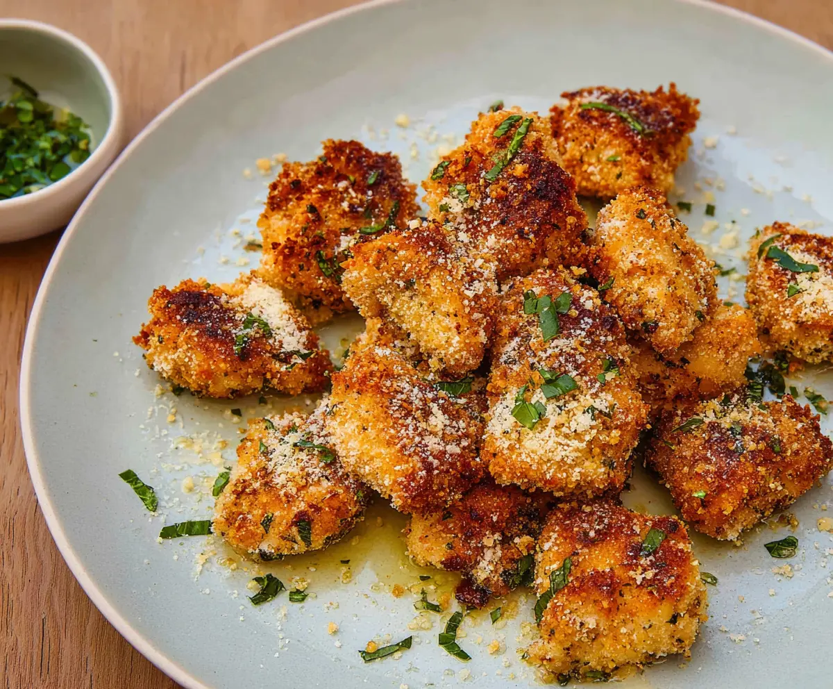 Delicious Parmesan Herb Chicken Bites garnished with fresh herbs on a white plate.