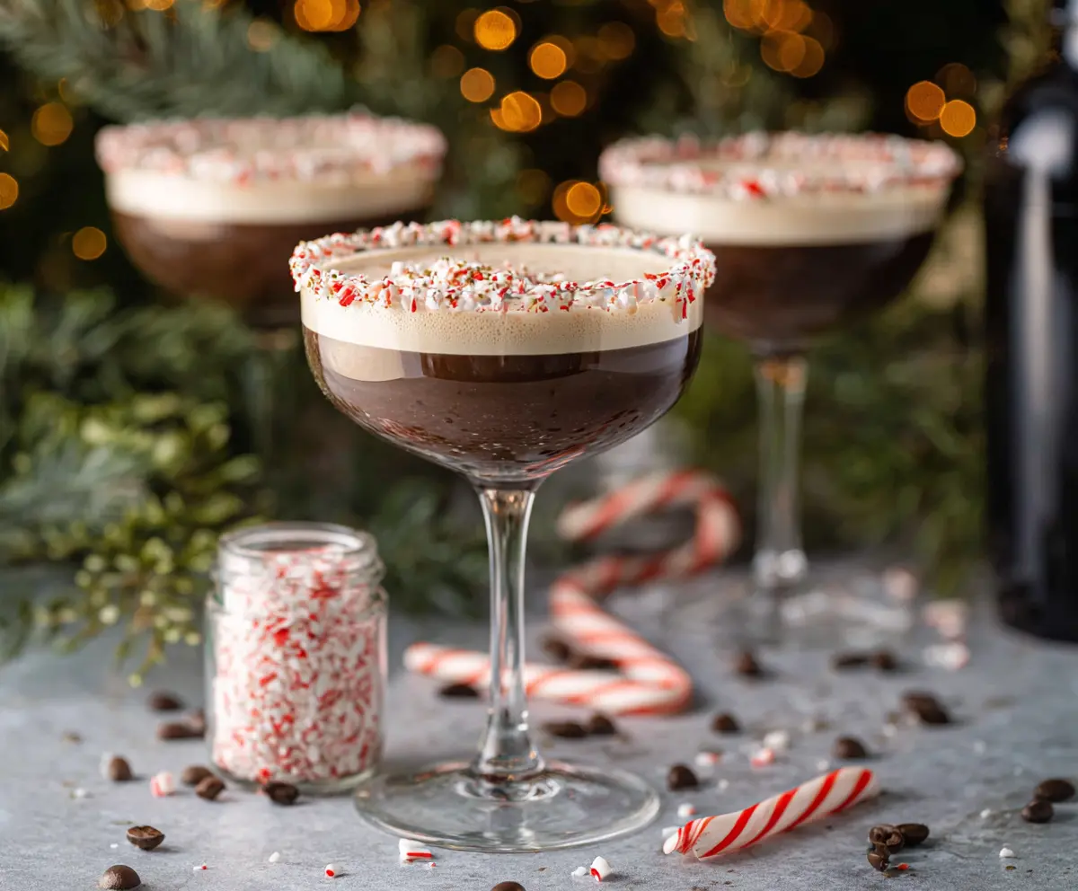 Delicious Peppermint Espresso Martini cocktail garnished with chocolate and peppermint for a festive holiday drink
