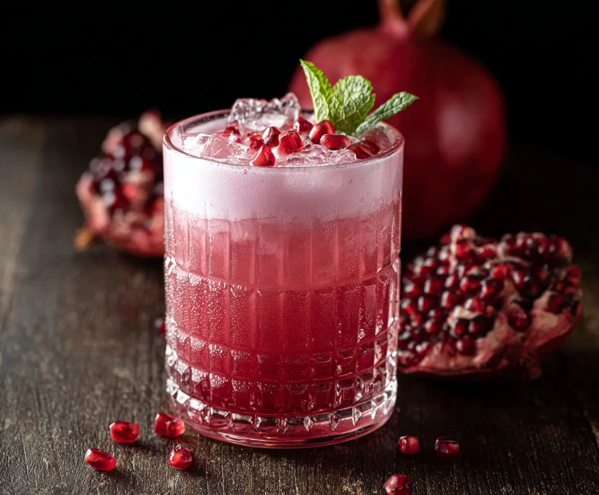 Refreshing Pomegranate Gin Fizz cocktail garnished with fresh mint and lime in a clear glass.