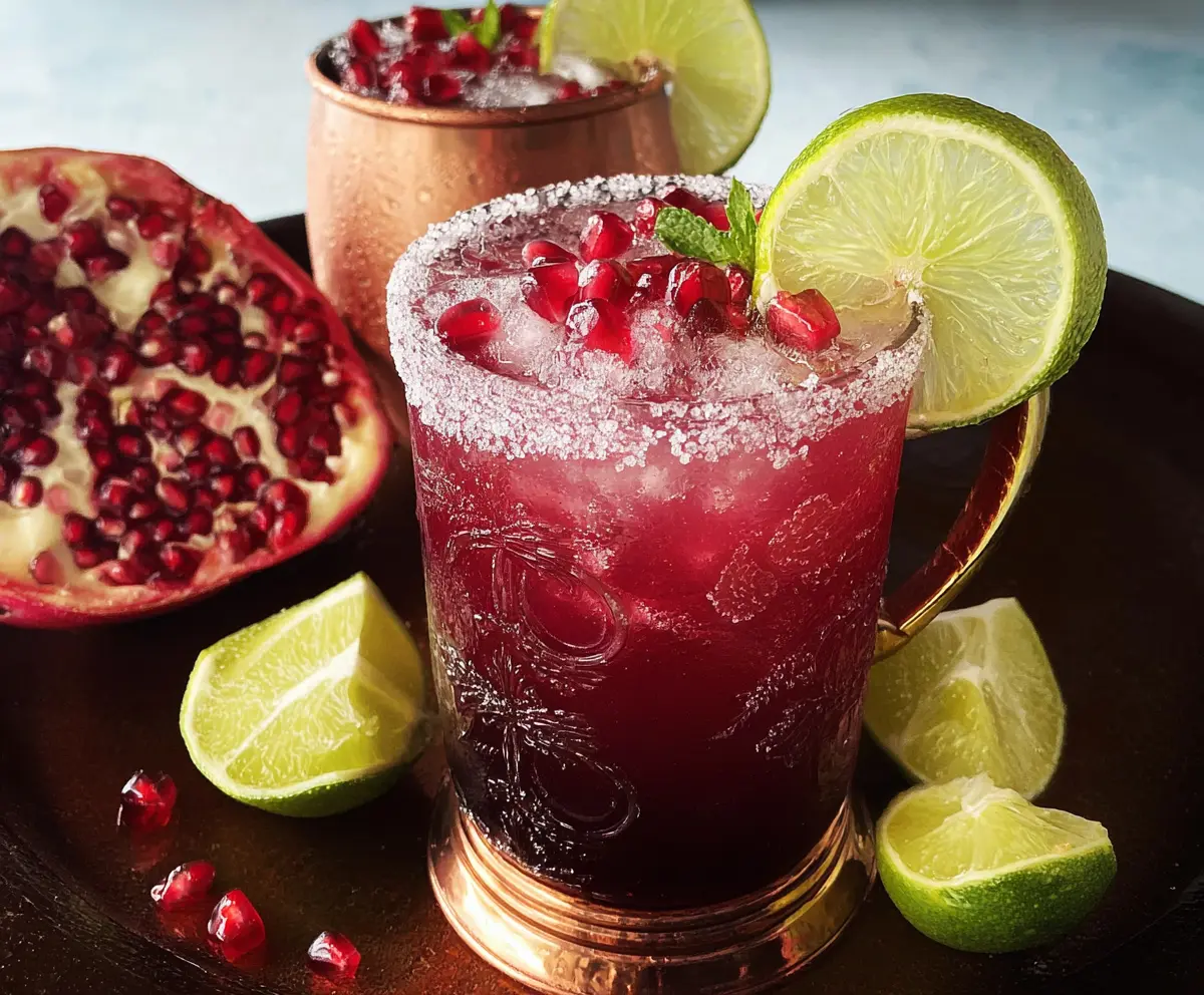 Refreshing Pomegranate Mule cocktail in a clear glass garnished with fresh pomegranate seeds and mint leaves.