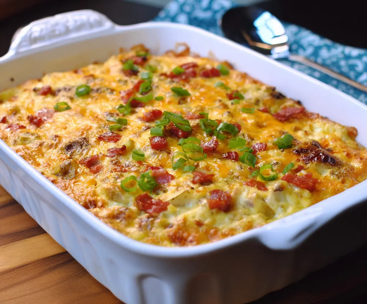 Delicious Potatoes O'Brien Breakfast Casserole served with melted cheese and fresh herbs.