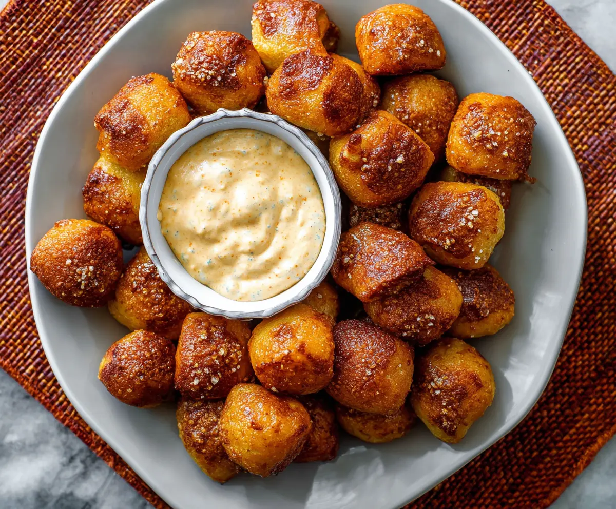 Delicious pretzel bites served with creamy cheddar dip, perfect for snacking.