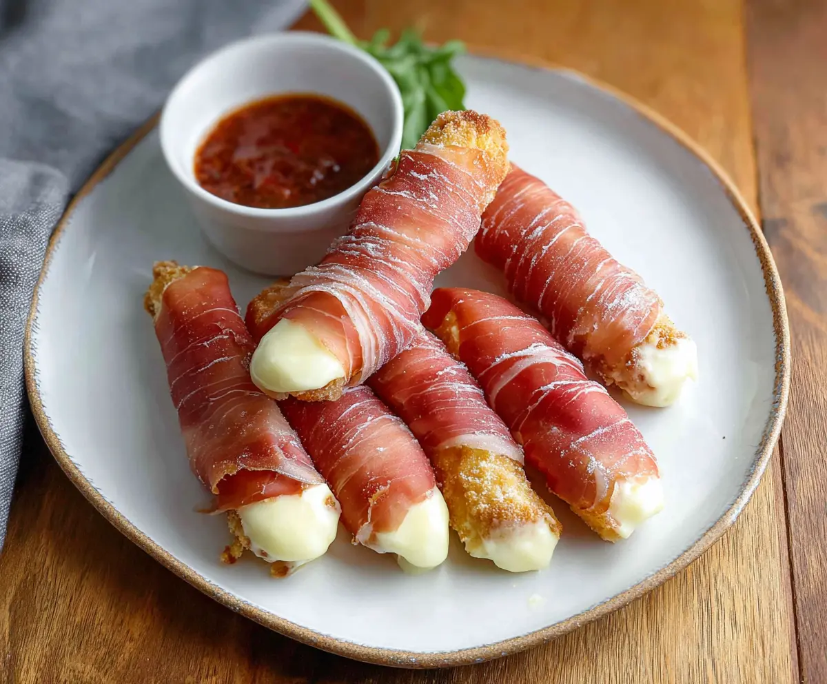 Delicious prosciutto-wrapped mozzarella sticks with crispy golden exterior and gooey cheese filling.
