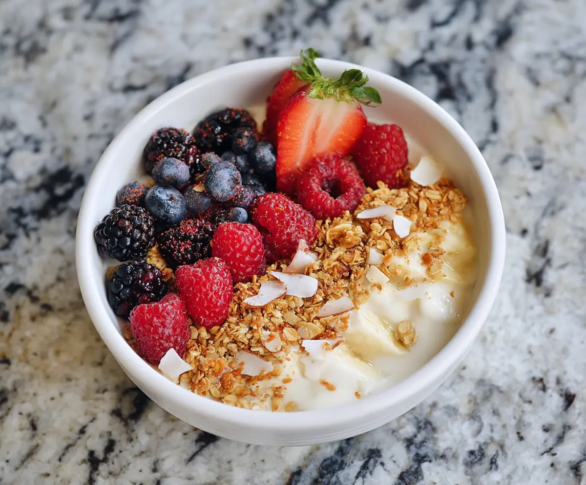 Healthy Protein Yogurt Bowl topped with fresh berries and granola for breakfast