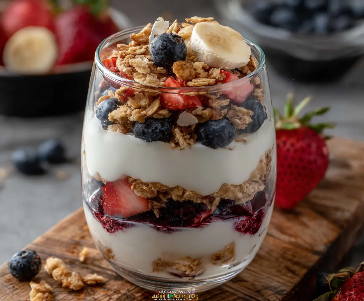 Healthy protein yogurt parfait layered with fresh fruit and granola in a clear glass.
