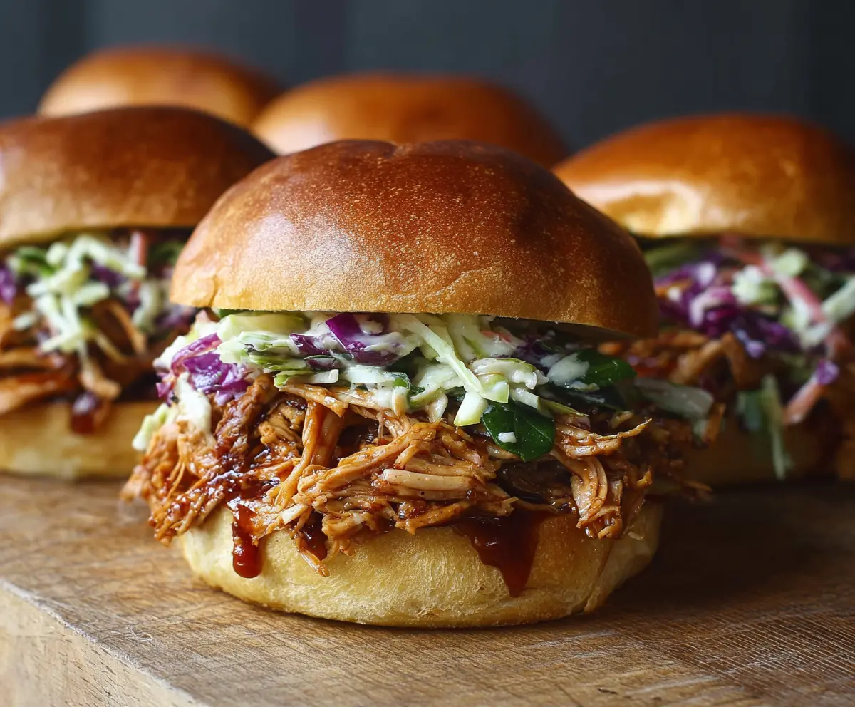 Delicious pulled chicken sandwiches on a plate with fresh toppings and toasted buns.