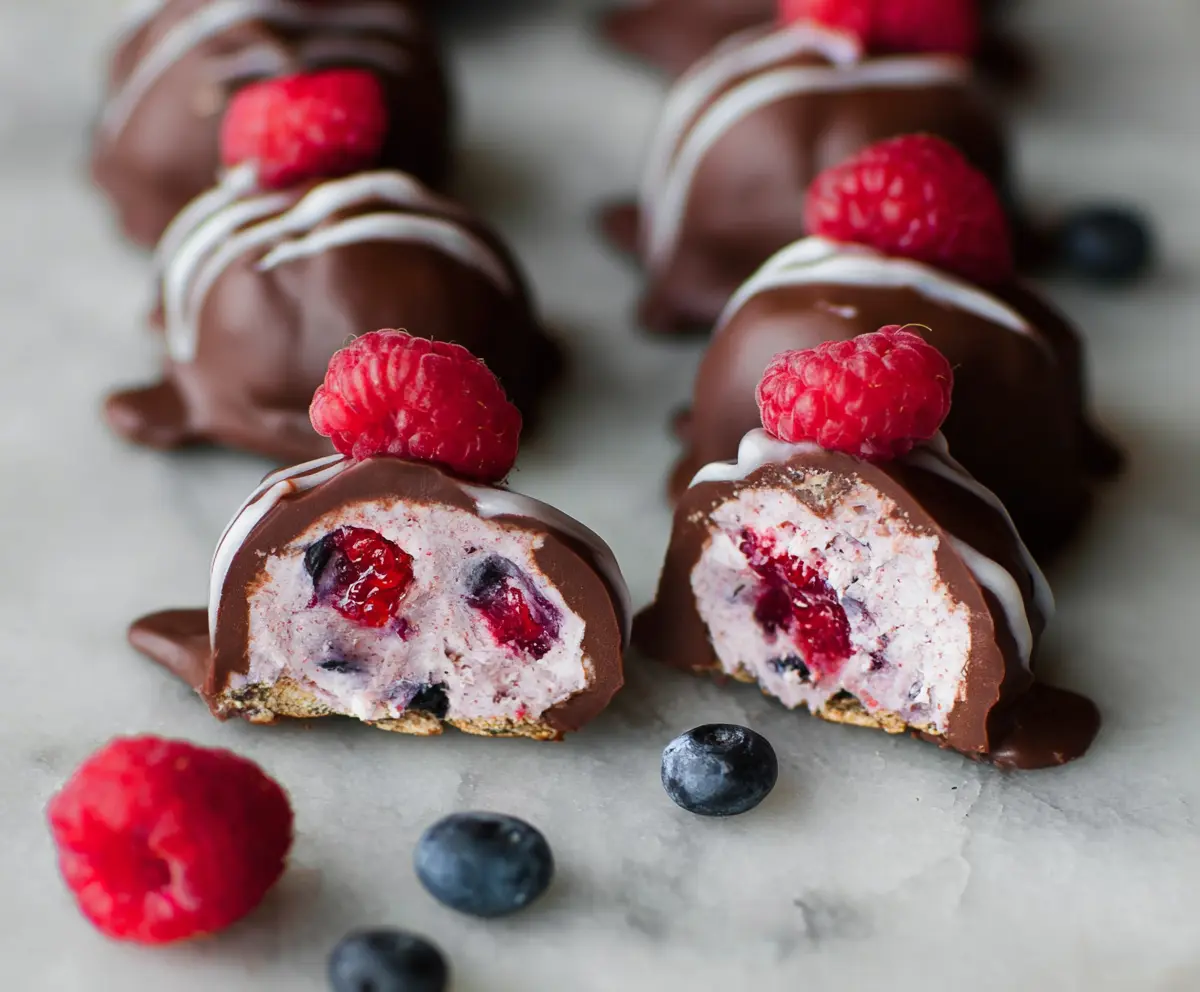 Delicious Raspberry Dark Chocolate Yogurt Bites arranged on a plate, showcasing their vibrant red and rich chocolate coating.