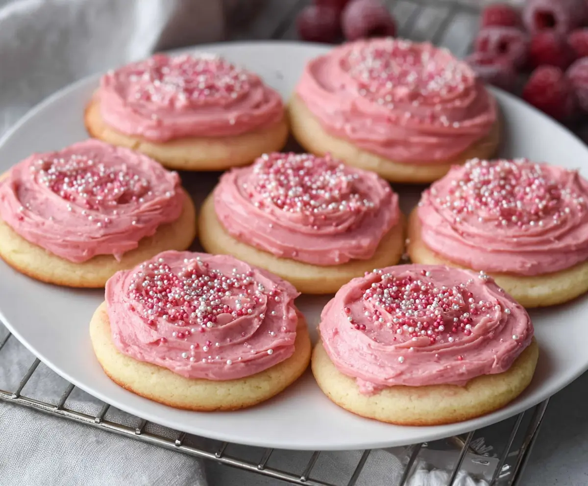 Delicious Raspberry Frosted Sugar Cookies with vibrant pink icing and sprinkles, perfect for a sweet treat.