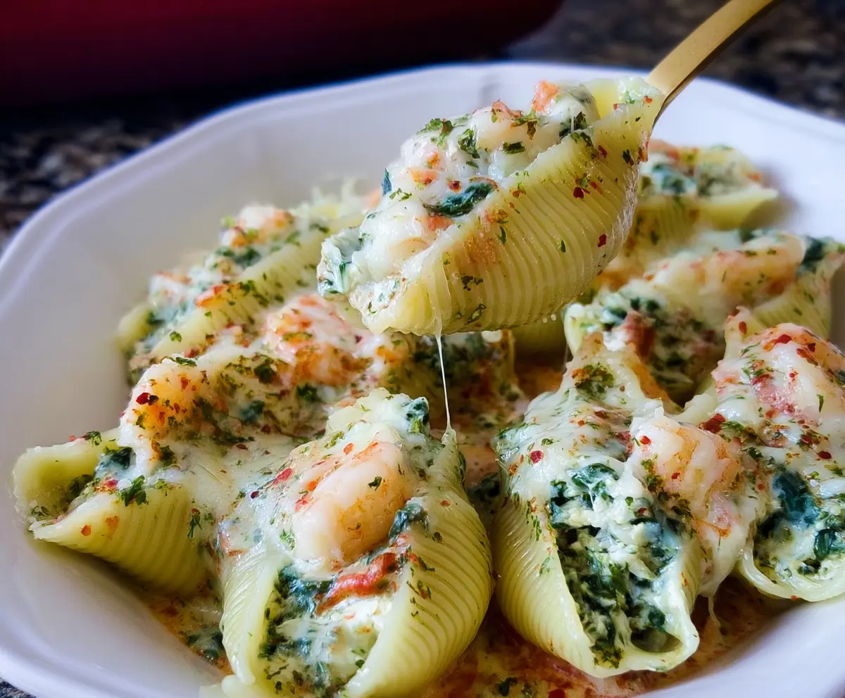 Delicious shrimp and spinach stuffed pasta shells topped with melted cheese on a white plate.