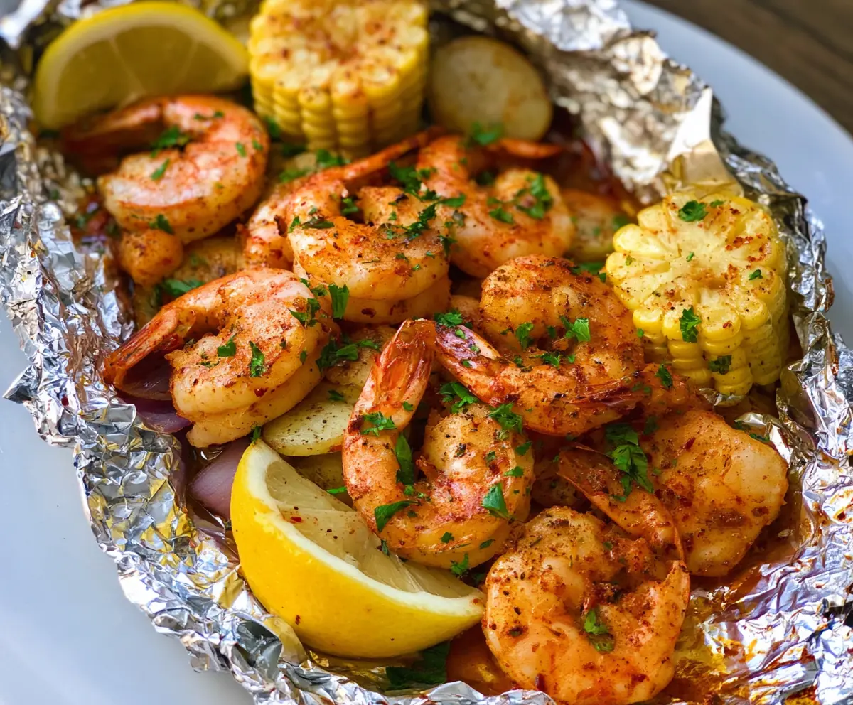 Baked shrimp foil packet with vegetables and herbs fresh out of the oven