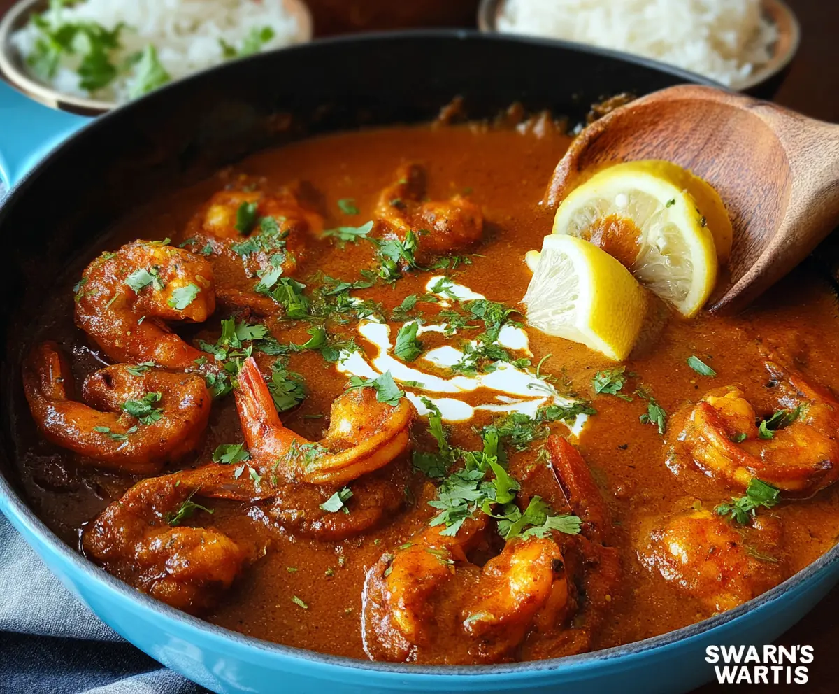 Delicious shrimp tikka masala served with rice and fresh herbs.