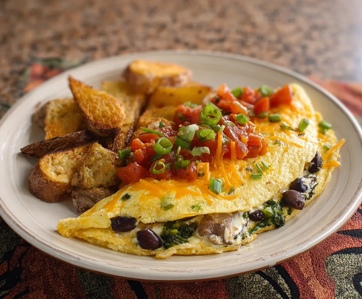 Southwest Omelet with colorful bell peppers, onions, and melted cheese on a breakfast plate