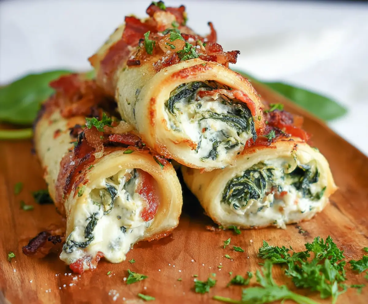 Delicious spinach and bacon cream cheese roll ups on a plate, showcasing a savory appetizer.