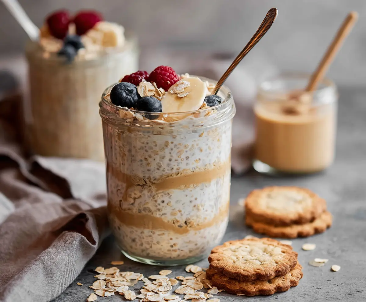 Creamy sugar cookie overnight oats in a glass jar with sprinkles and cookie crumbs for a delicious breakfast treat.