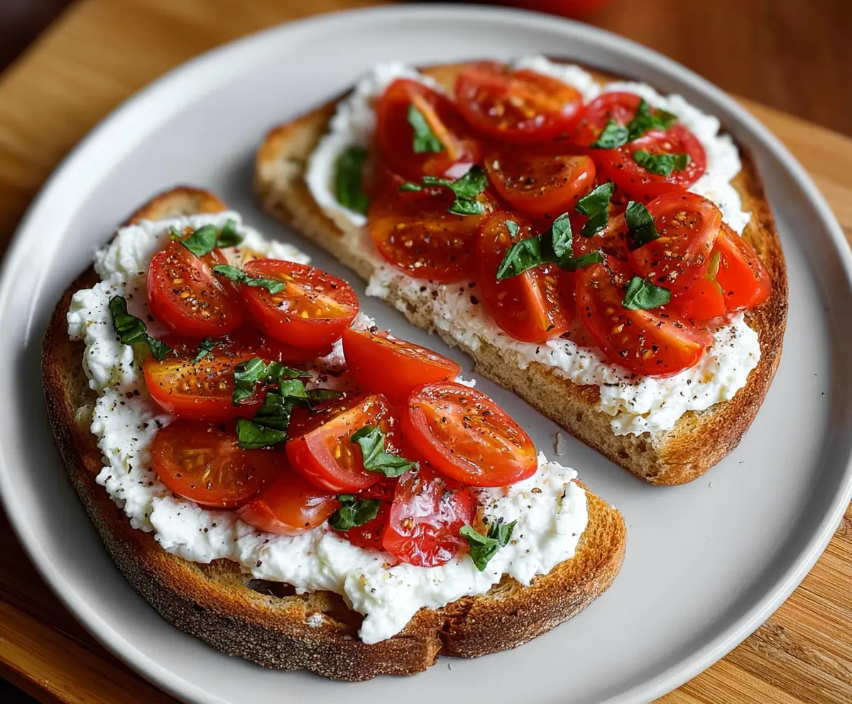 Delicious tomato and cottage cheese toast on a plate, healthy snack or breakfast option