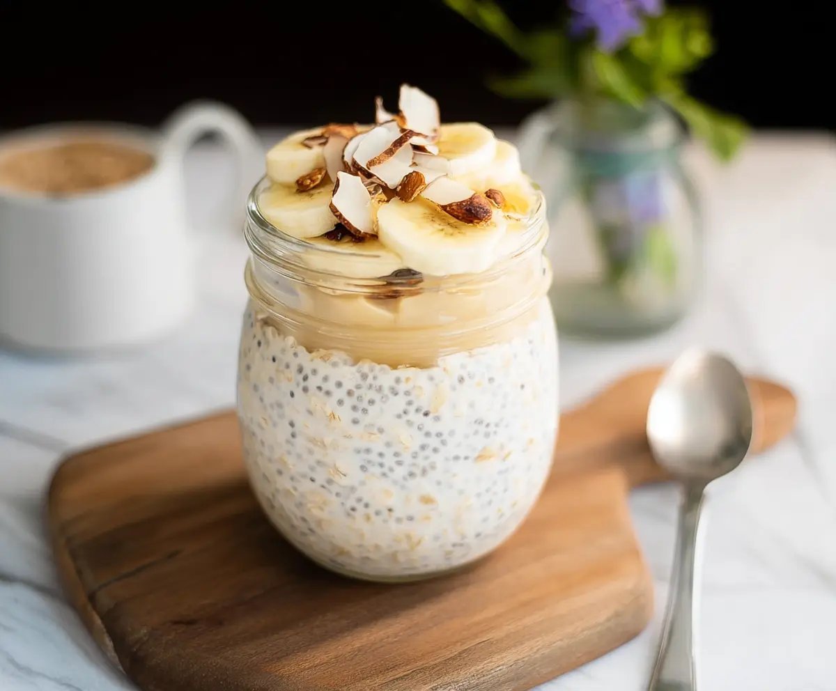 Delicious vanilla flavored overnight oats in a glass jar ready to serve for breakfast.