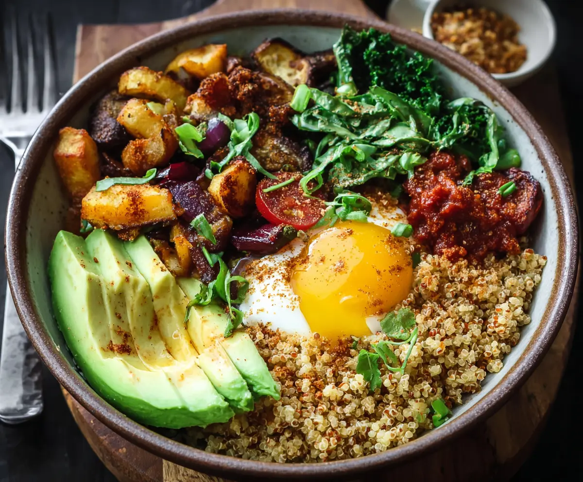 Colorful Veggie Breakfast Bowl with fresh vegetables and grains, healthy morning meal.