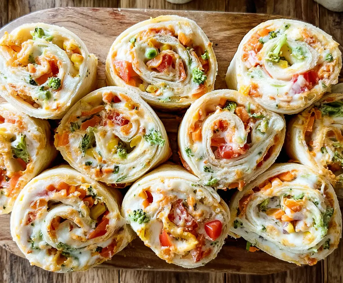 Colorful veggie pizza pinwheels with fresh vegetables and melted cheese on a baking tray.