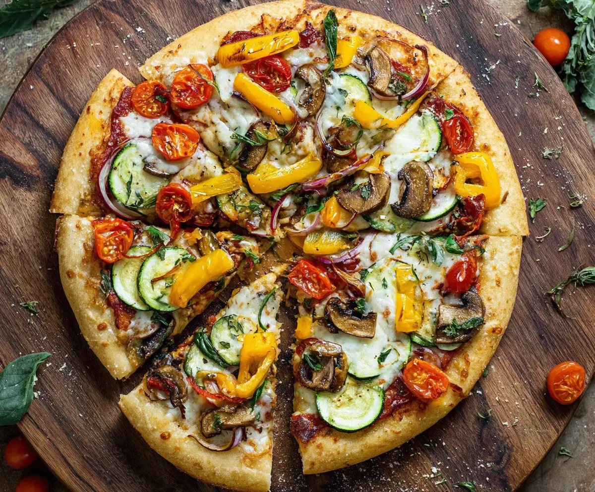 Delicious homemade veggie pizza topped with colorful bell peppers, spinach, and mushrooms.