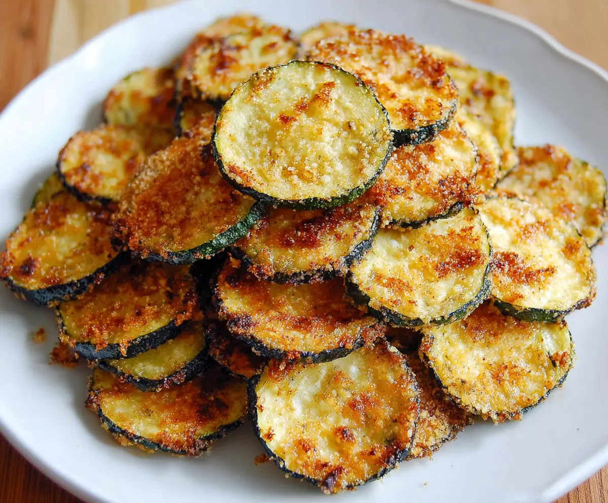 Crispy baked zucchini chips on a white plate, perfect for a healthy snack
