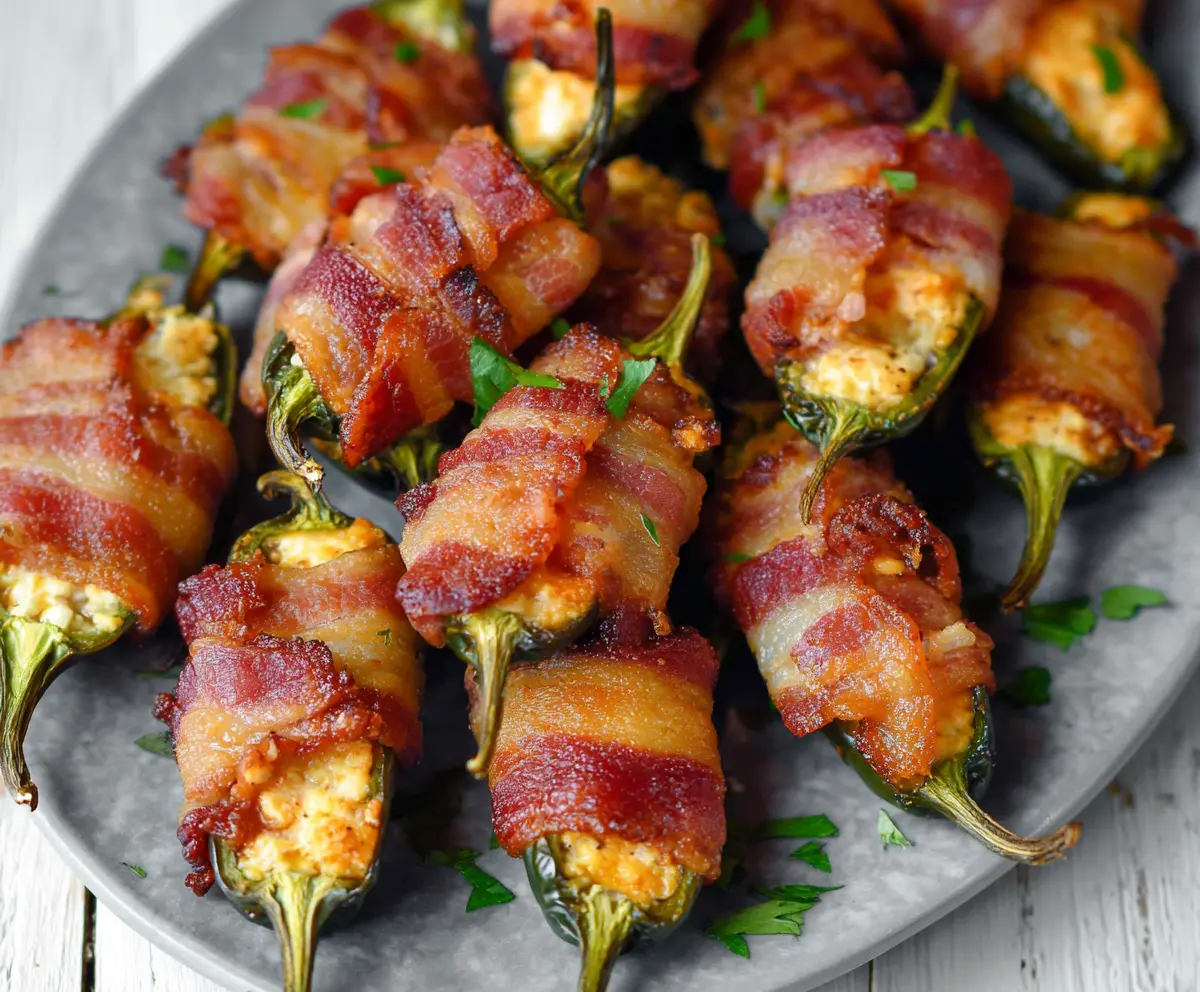 Delicious bacon-wrapped jalapeño poppers with melted cheese and crispy bacon topping