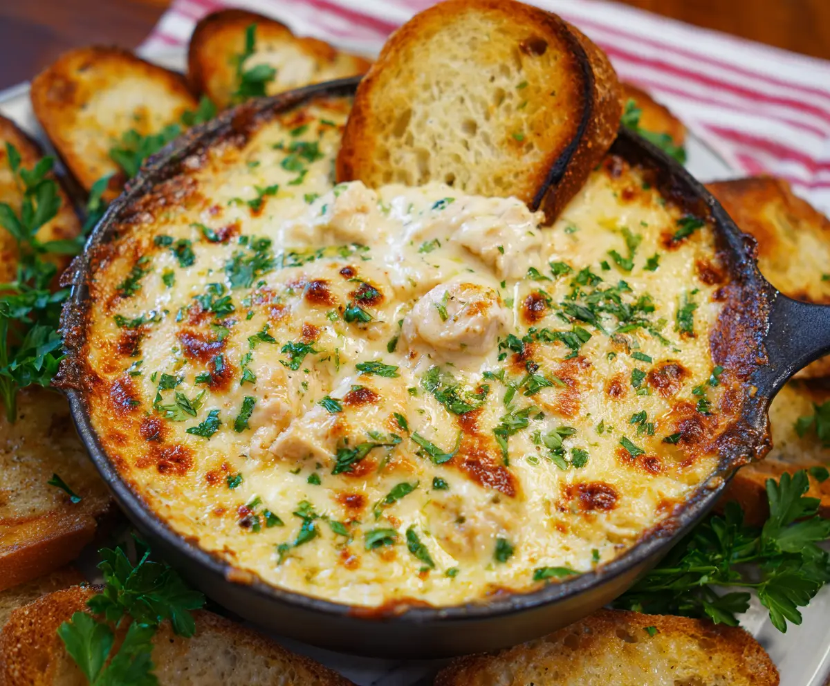 Delicious Baked Chicken Alfredo Dip served with crispy bread slices, perfect for appetizers.