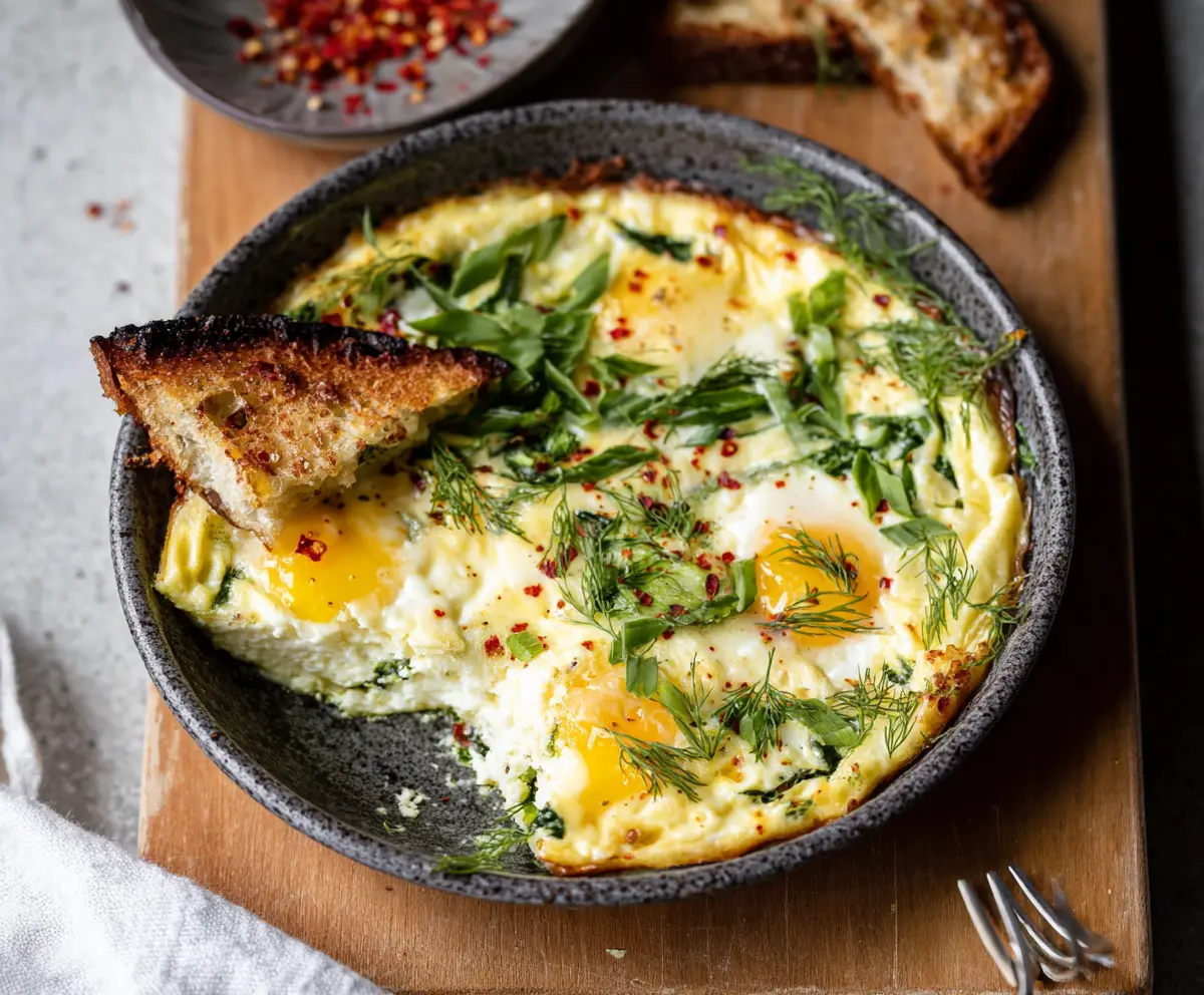 Delicious baked cottage cheese eggs garnished with herbs, perfect for a healthy breakfast.