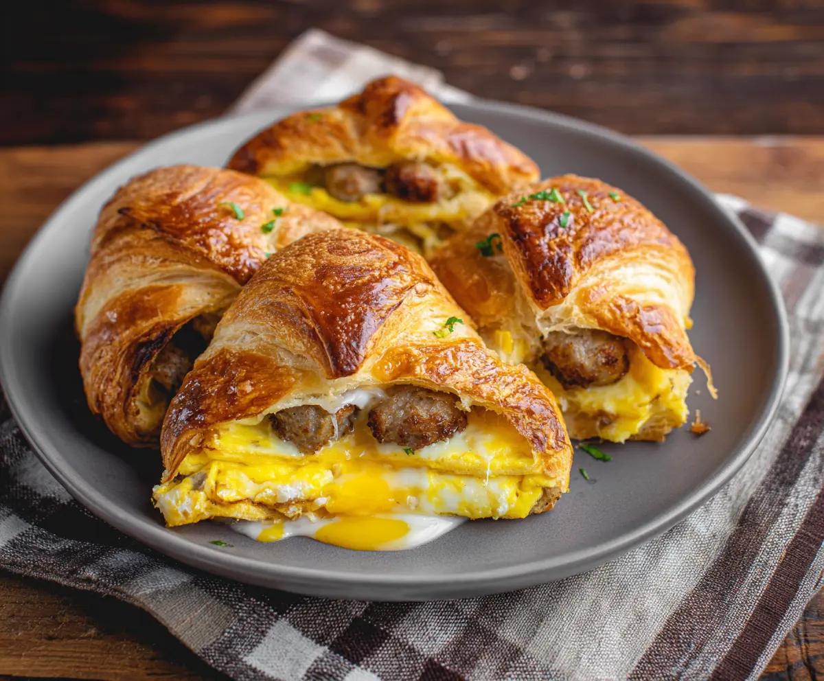 Delicious baked sausage, egg, and cheese croissant breakfast sandwich