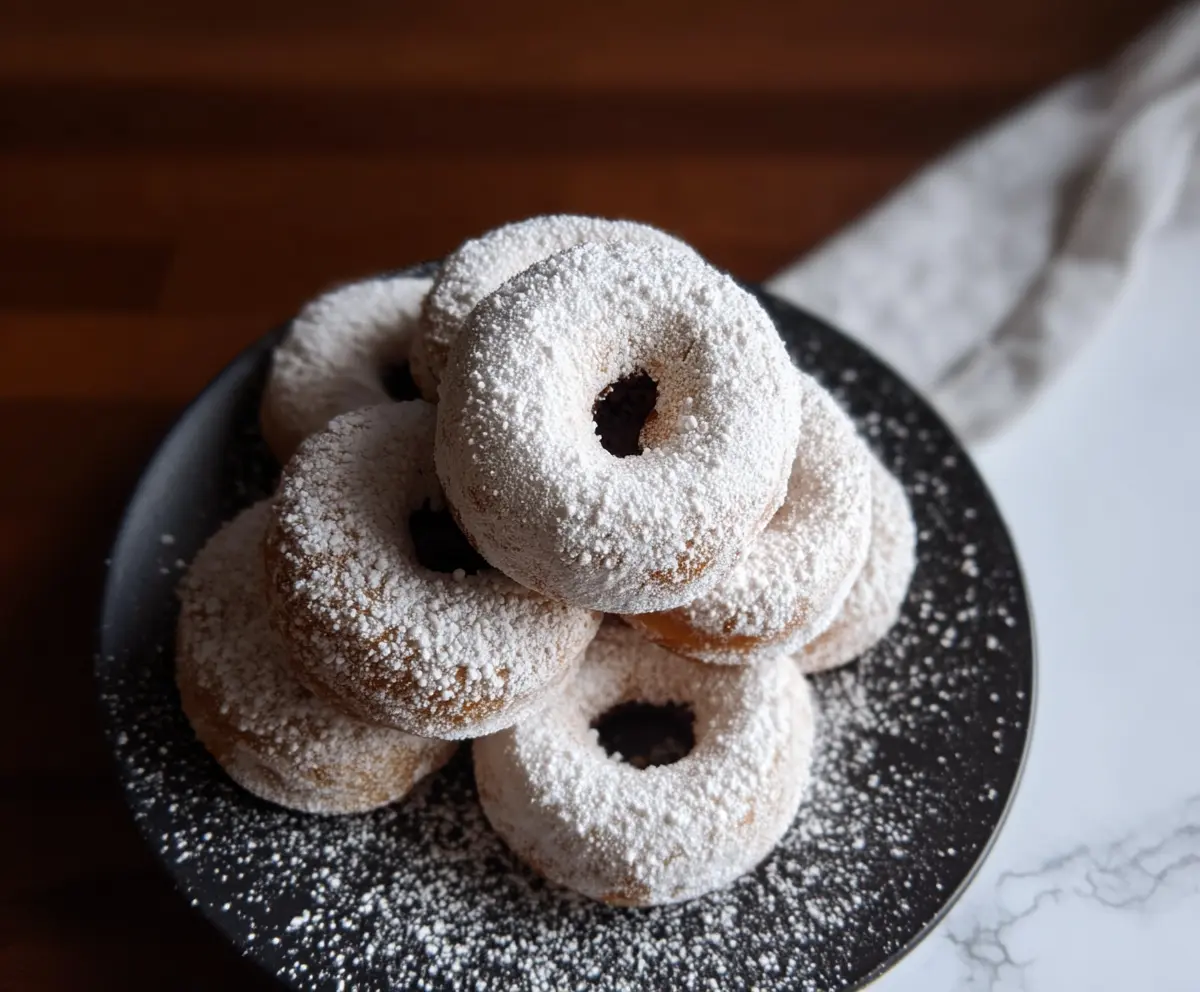 Delicious baked sourdough discard powdered sugar donuts on a plate, perfect for a sweet breakfast treat.