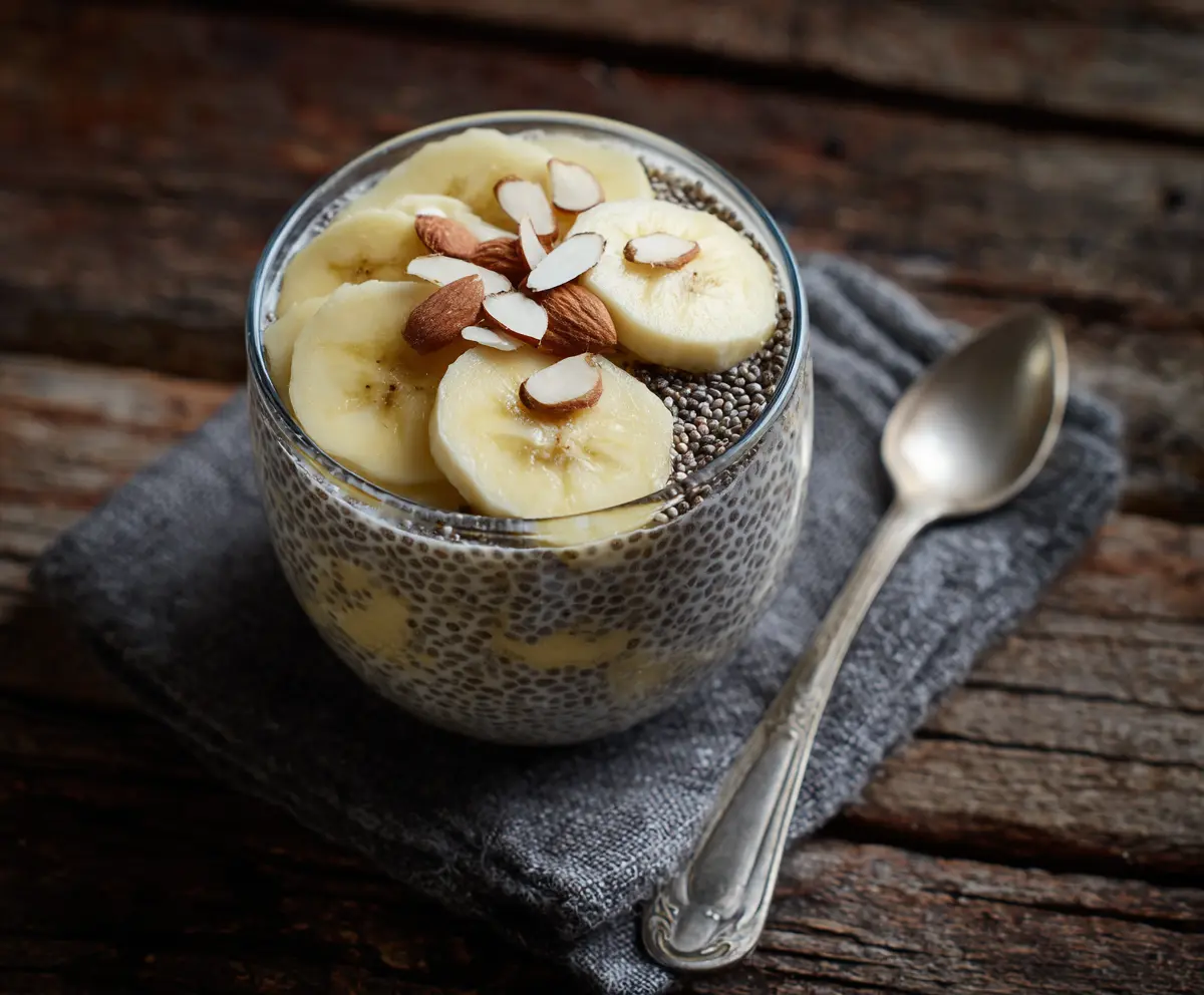 Healthy Banana Chia Pudding topped with fresh fruits and nuts for a nutritious breakfast.