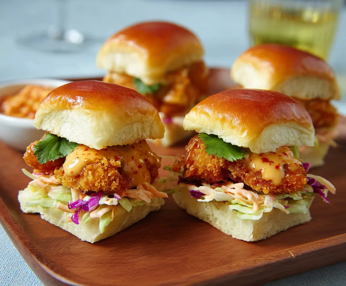 Delicious Bang Bang Chicken Sliders with spicy mayo and crispy chicken on soft slider buns