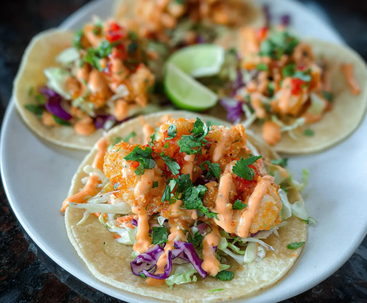 Crispy Bang Bang Shrimp Tacos topped with spicy sauce and fresh garnishes on a wooden platter.
