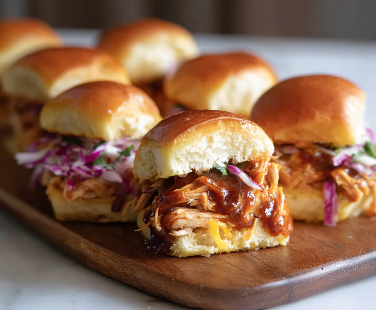 Delicious BBQ chicken sliders topped with melted cheese and fresh pickles on a plate.