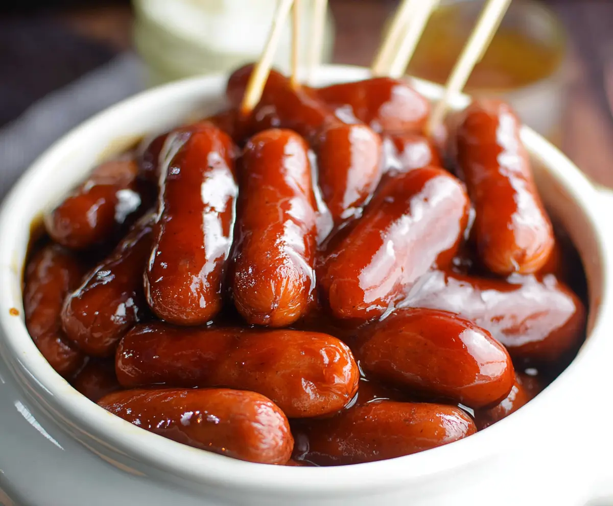 Delicious BBQ Little Smokies cooked in a Crock Pot, perfect for party appetizers.