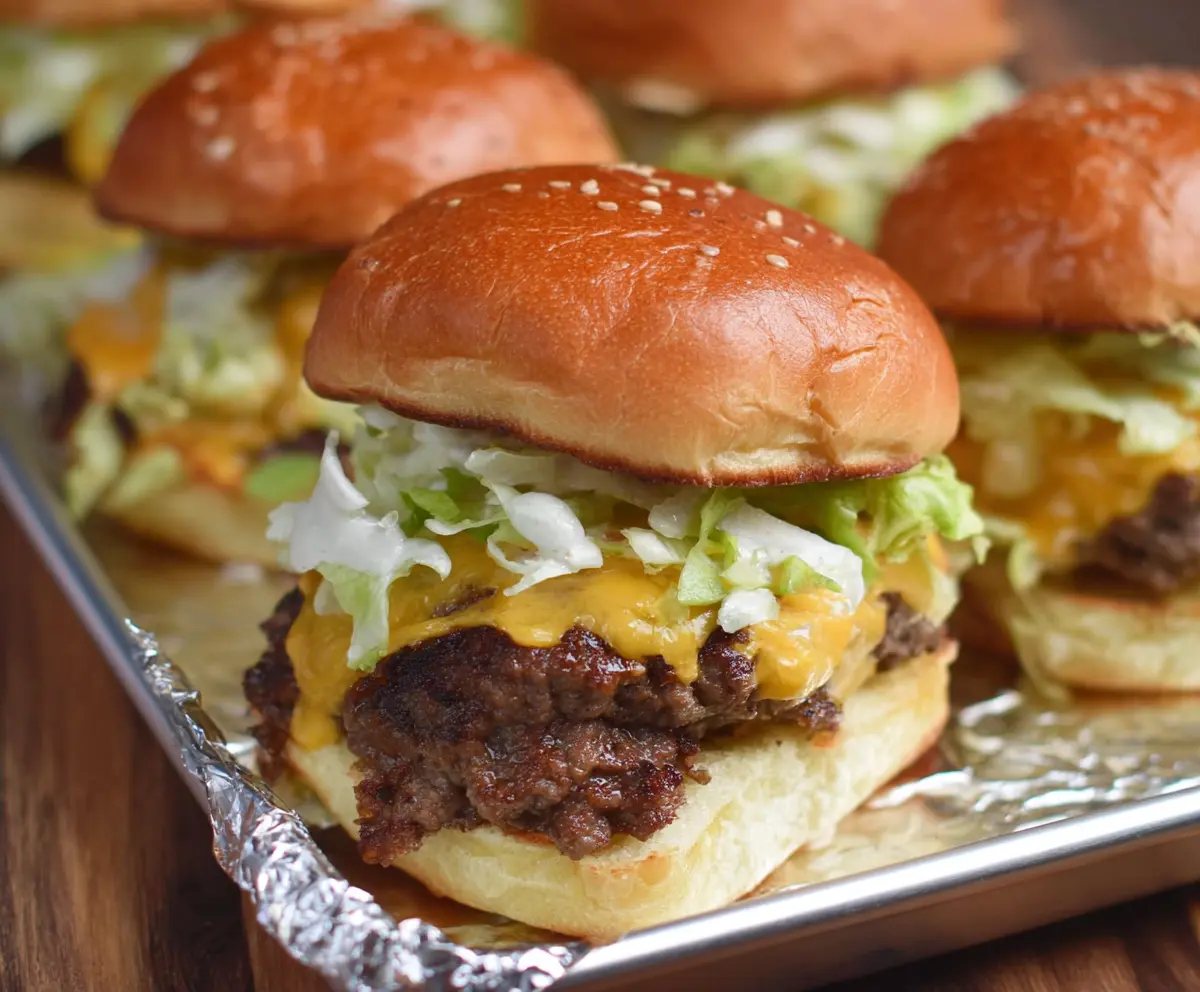 Delicious Beefy and Big Mac Sliders with melted cheese and fresh toppings on a serving platter.