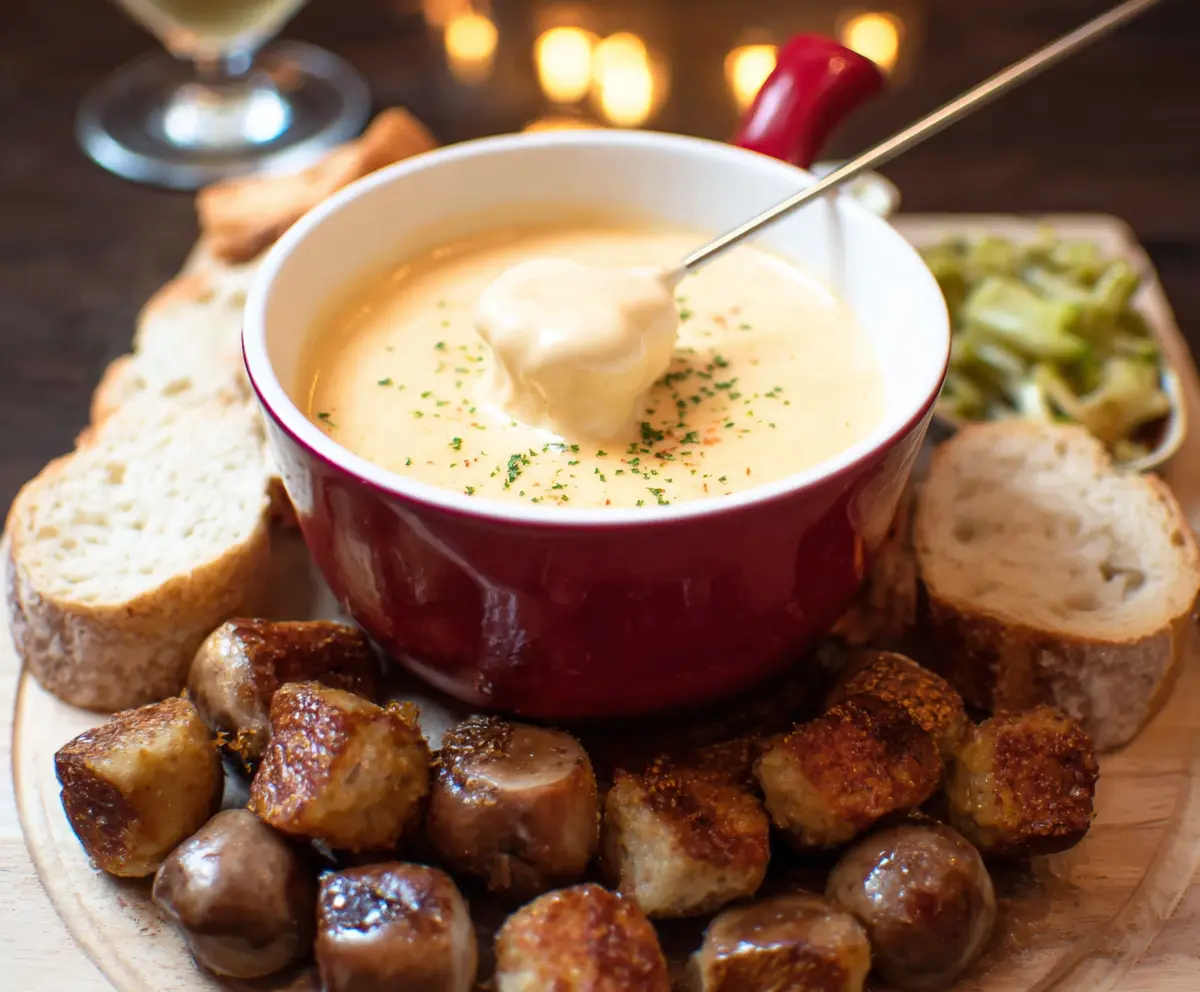 Creamy Beer Cheese Fondue in a rustic pot with bread cubes for dipping