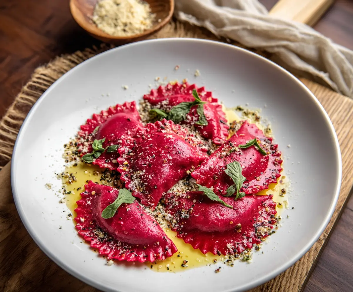Delicious homemade beet ravioli with vibrant red color served on a white plate