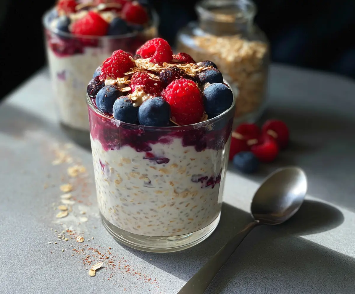 Delicious berries and cream overnight oats in a clear glass bowl topped with fresh strawberries and blueberries.