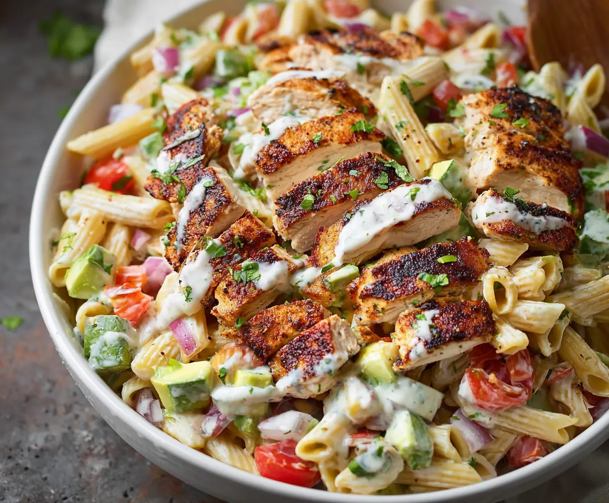 Delicious blackened chicken pasta salad with fresh vegetables and herbs.