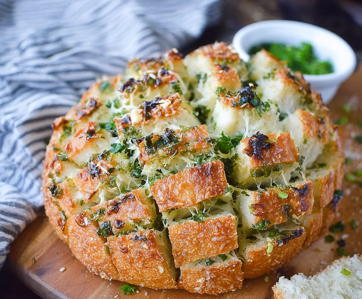 Delicious Bloomin Onion Parmesan Bread with golden crust and savory toppings served on a wooden platter.