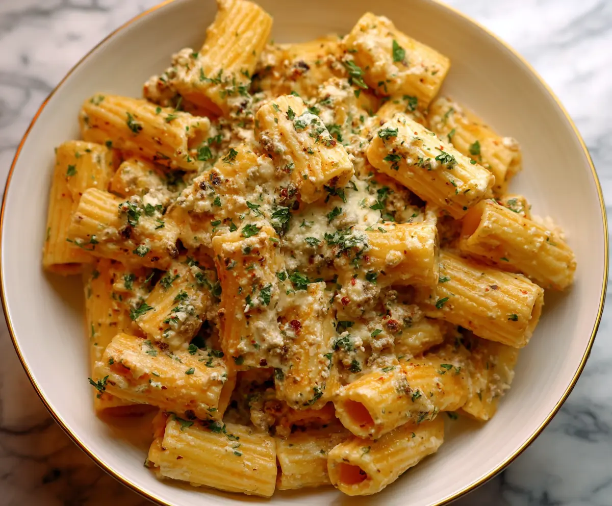 Creamy Boursin cheese rigatoni pasta dish garnished with fresh herbs