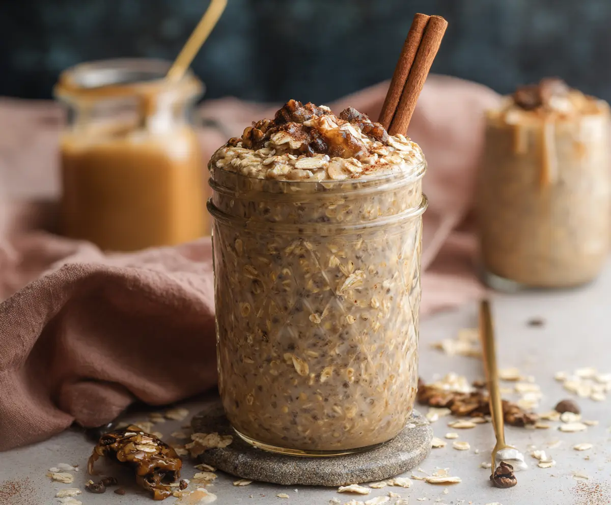 Creamy brown sugar espresso overnight oats in a glass jar topped with cocoa and coffee beans
