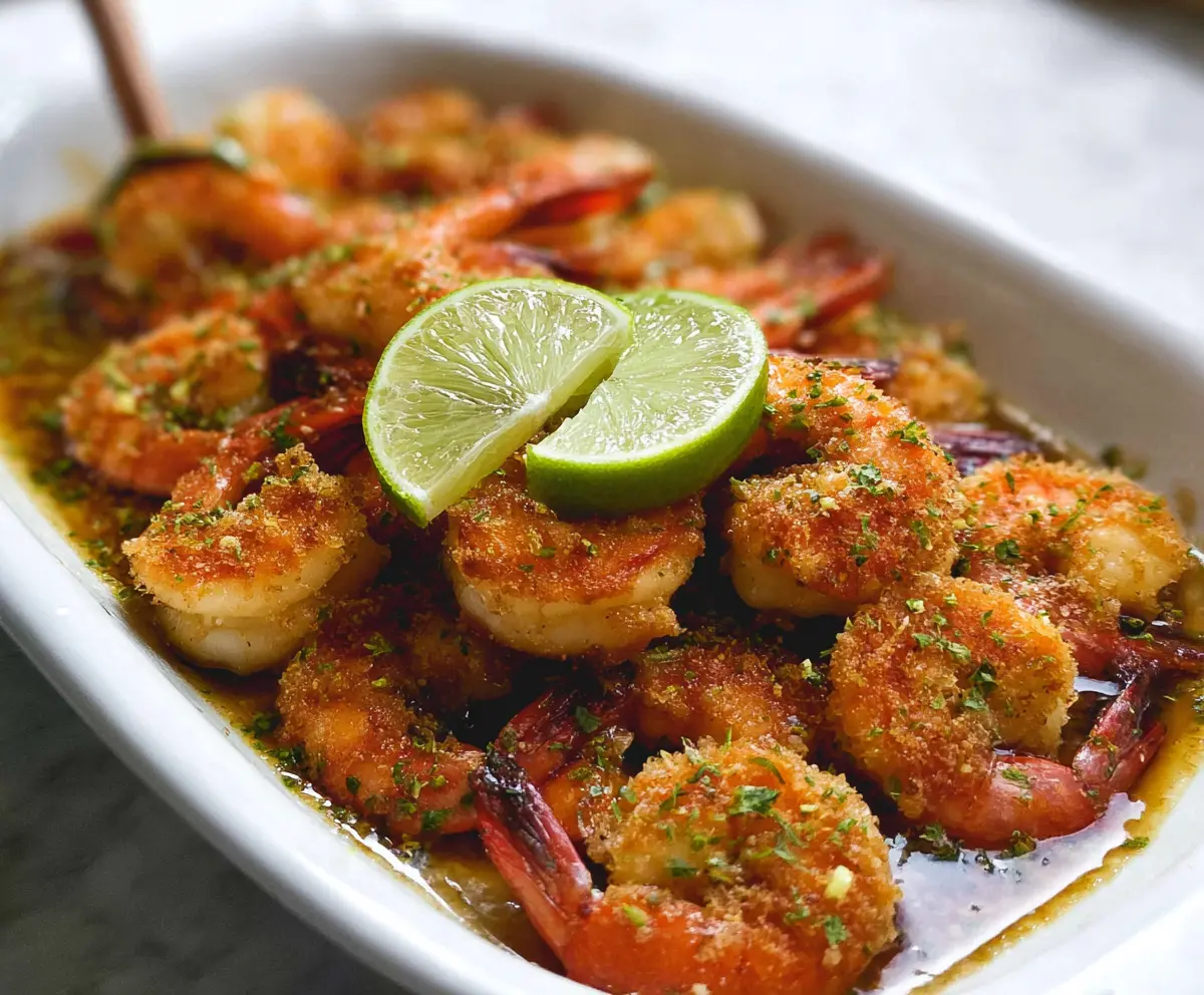Juicy baked shrimp tossed in brown sugar and lime on a white plate