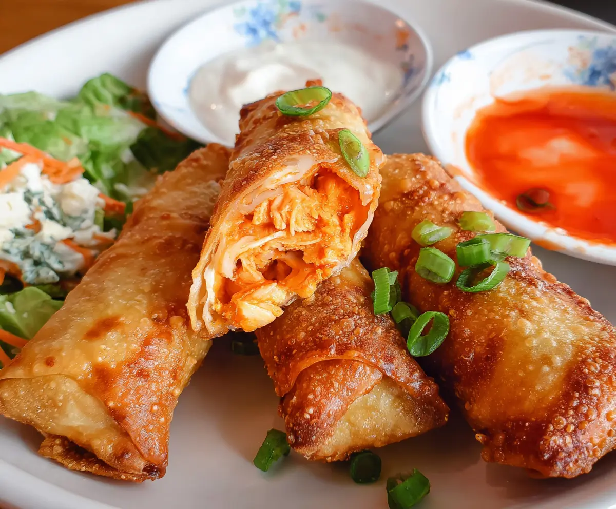 Crispy Buffalo Chicken Egg Rolls filled with spicy chicken and melted cheese, served with blue cheese dipping sauce