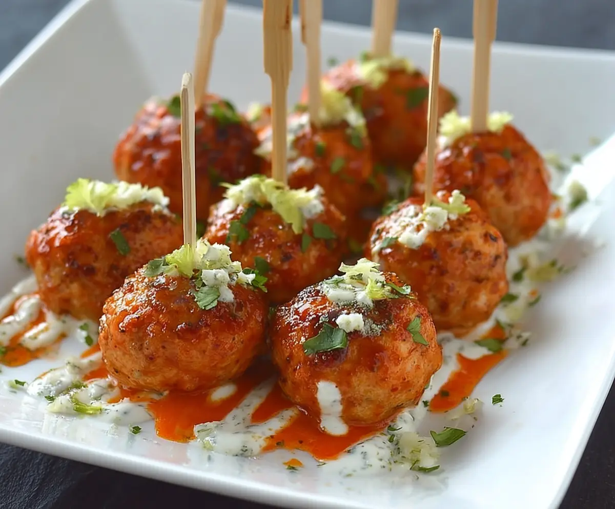 Delicious buffalo chicken meatballs served with a spicy buffalo sauce glaze, perfect for appetizers or snacks.