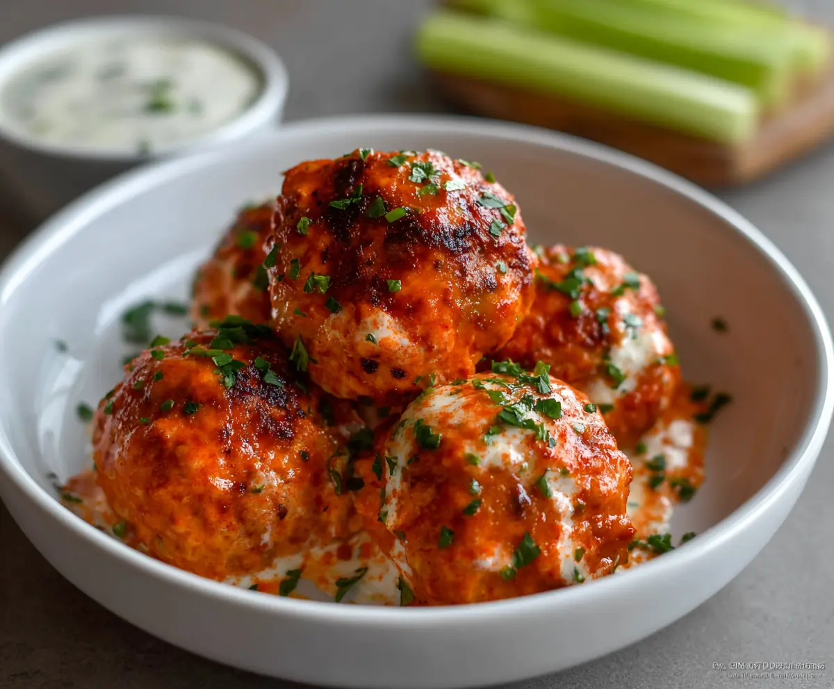 Delicious buffalo chicken meatballs served with dipping sauce on a plate.