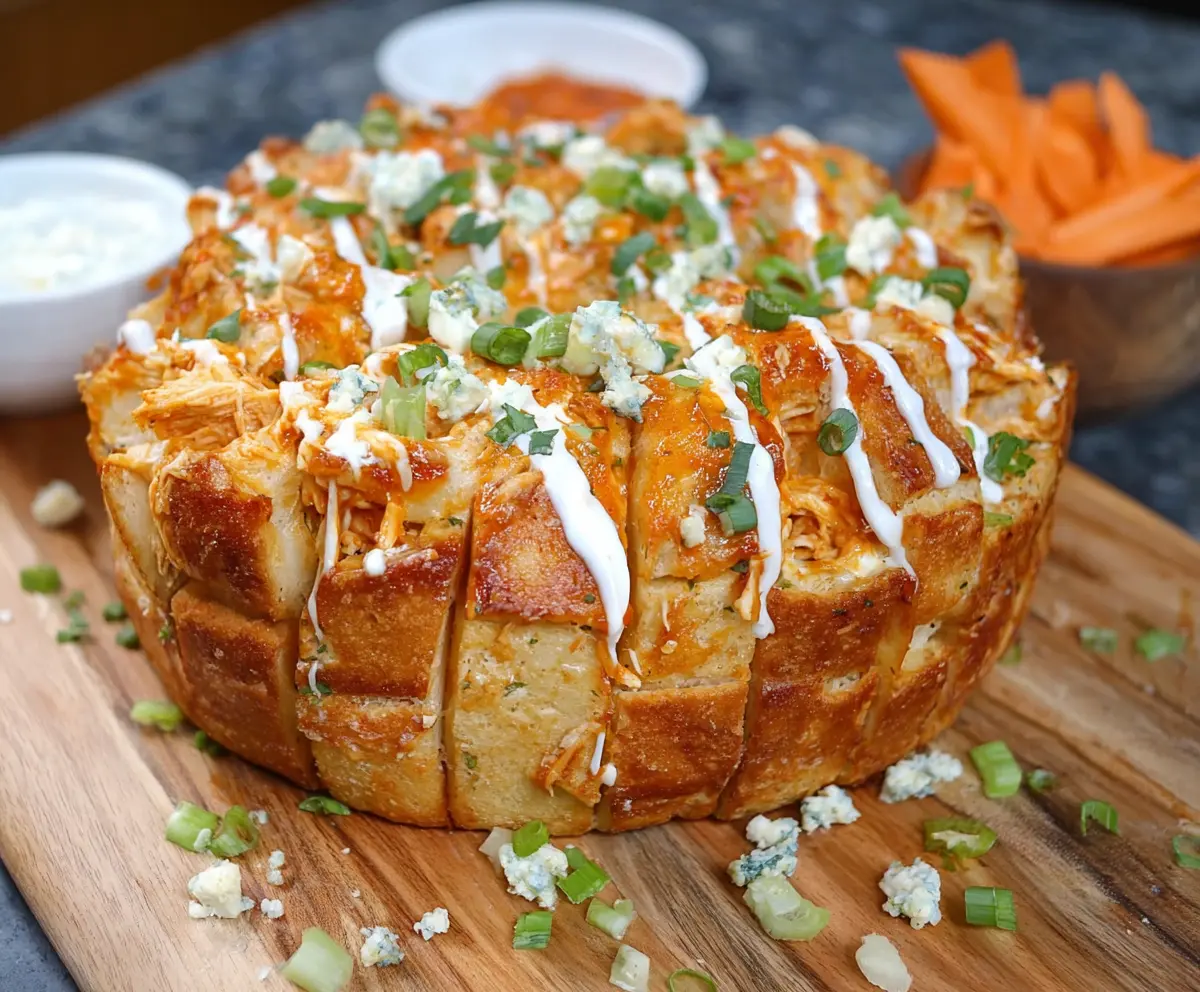 Delicious Buffalo Chicken Pull Apart Bread with gooey cheese and spicy buffalo sauce topped with fresh herbs.
