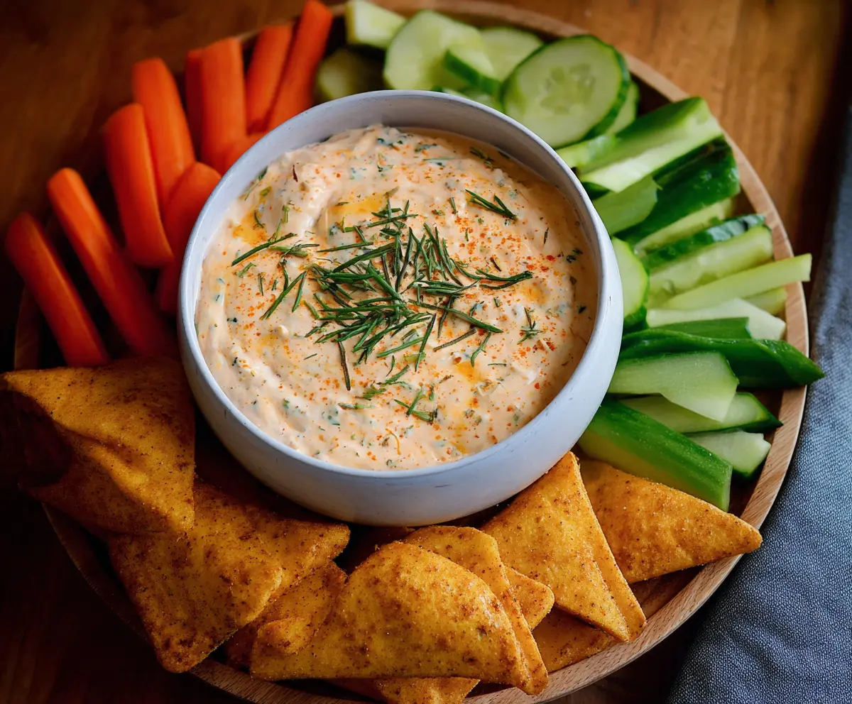 Creamy Buffalo Ranch Dip served in a white bowl with fresh herbs on a rustic wooden table.